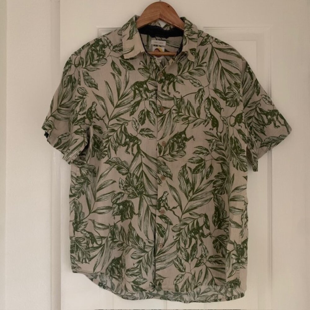 C&C California 100%‎ Linen Tropical Button Up Shirt Men's L Green Tan Vacation